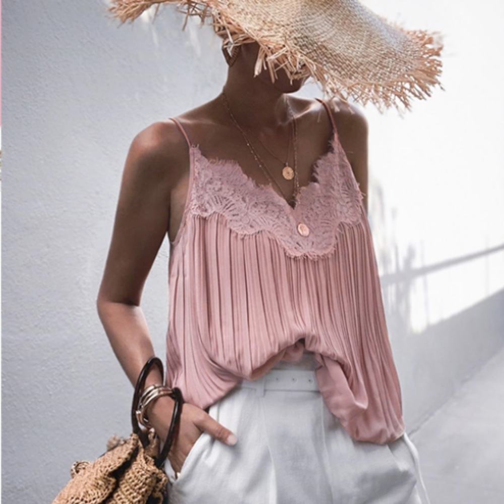 New Beautiful Pink Pleated Lace Trim Camisole Top - Picture 2 of 11